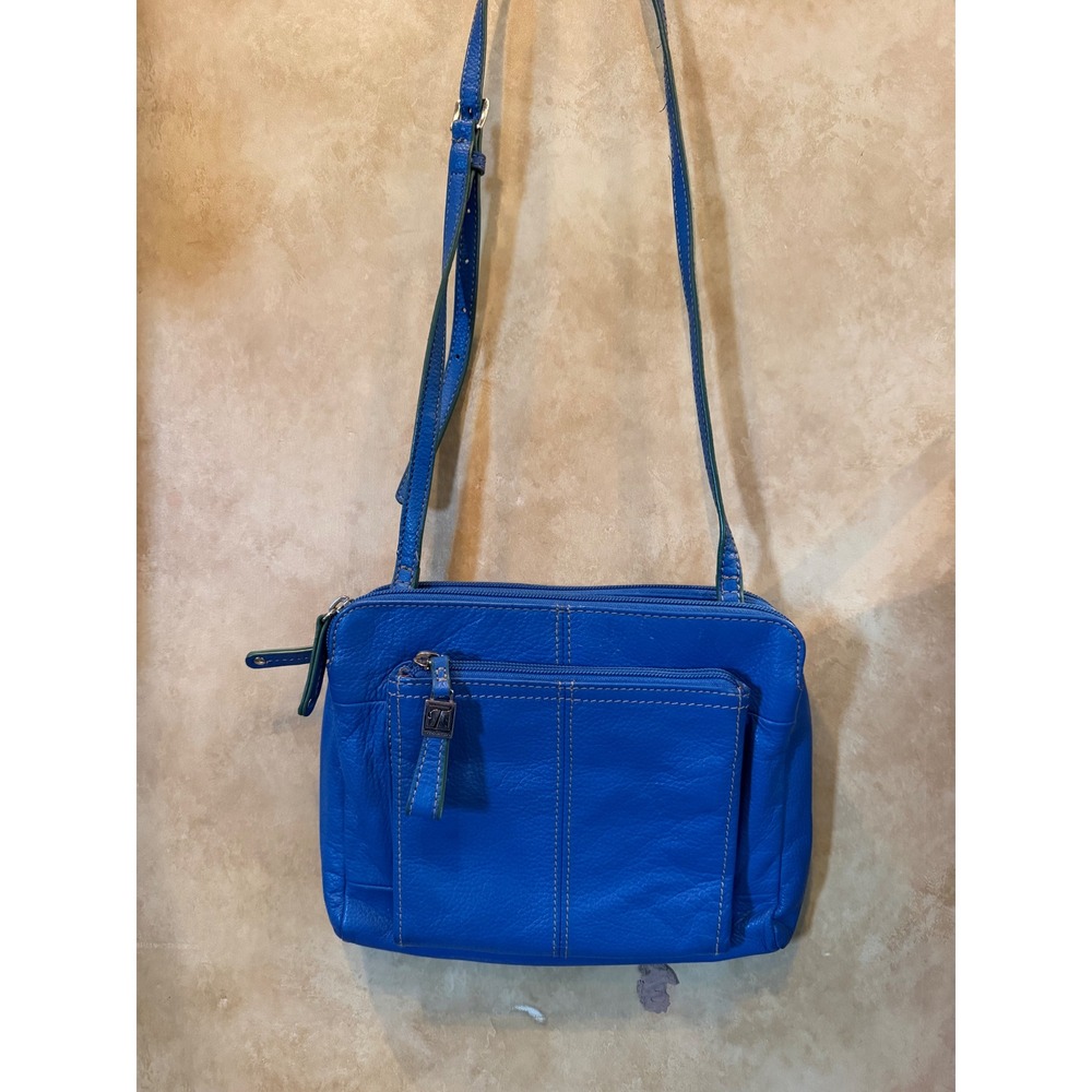Tignanello Blue Pebbled Leather Crossbody Bag Organizer Multi-Pocket Purse